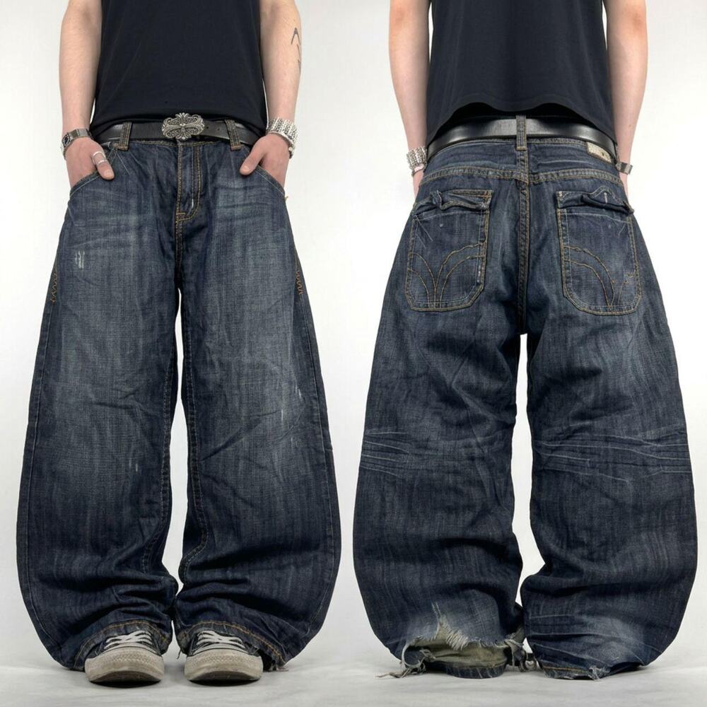 Vintage y2k distressed dark wash archive baggy wide leg skater rare jeans